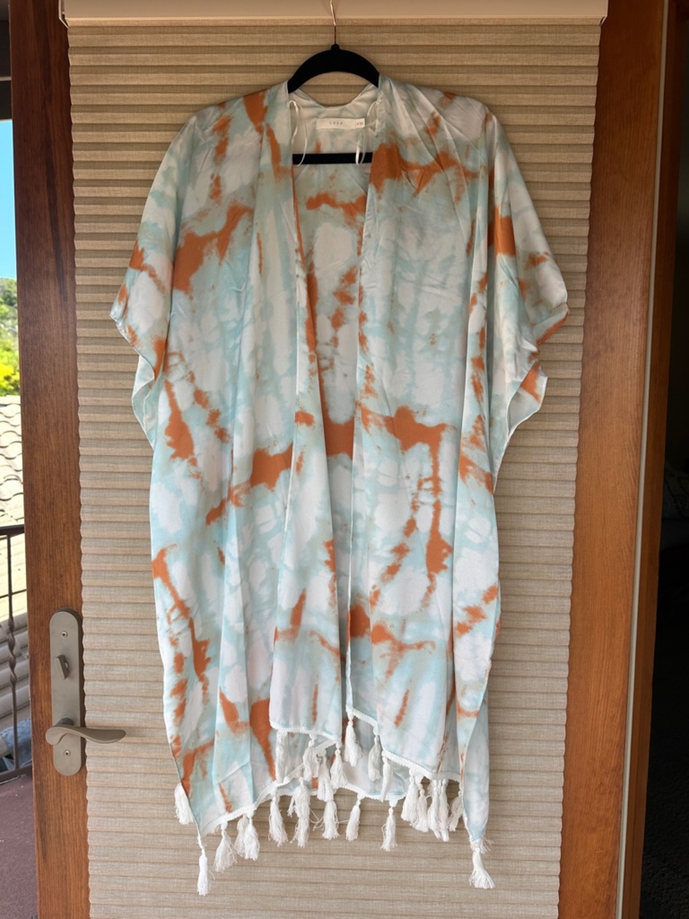 Lush Tie-Dye Tassel Kimono Cover-Up in Aqua & Rust size medium